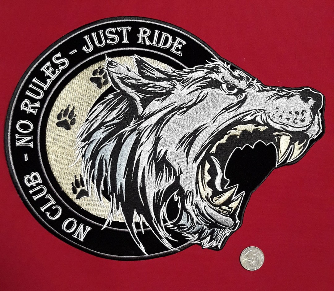 Large Lone Wolf No Club No Rules Just Ride Sewon Ironon Embroidered