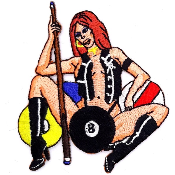 Pool Hall Girl 8 Ball Center Pocket  Iron On Embroidered Patch 3"X 3 1/2 "