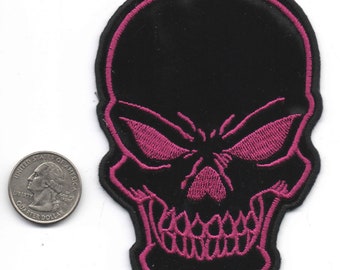 Pink Evil Skull  Sew-On Iron-On Embroidered Patch  3 " X 4 1/4 "