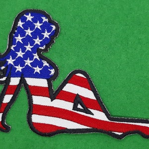Mudflap Girl Trucker Patch - Left-Facing American Flag Embroidered Iron-On Patch (Cypress Collectibles)