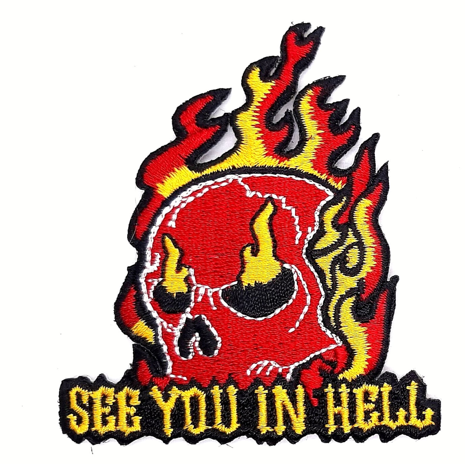 See You in Hell - Red Skull With Flames Iron on Embroidered Patch 3"x 3