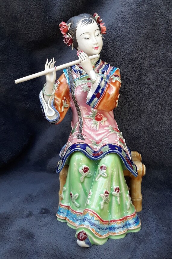 Oriental Girl Sitting Playing The Flute Porcelain Figurine Etsy