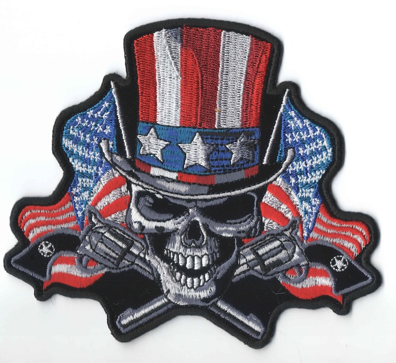 Uncle Sam Skull Six Guns Flags Iron On Sew On Embroidered Patch 5 X 4 38