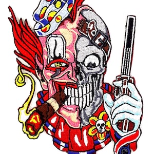 May include: Embroidered patch featuring a clown with a skull face, holding a gun and smoking a cigar. The clown is wearing a red and blue hat and a red and blue collar.