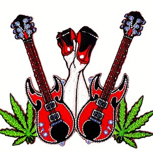 Dual Guitars Hot Legs & Pot Leaves Iron On sew On Embroidered Patch 4"X 3 1/4"