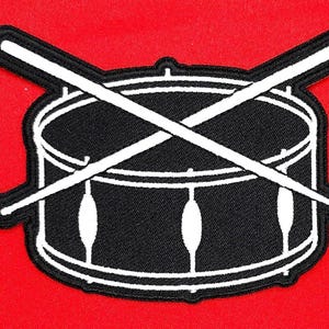 Snare Drum With Sticks Iron On Sew On Embroidered Patch 3 1/2 x 2 1/2"
