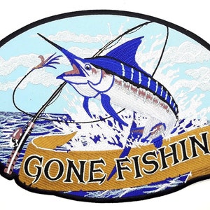 Gone Fishing - Blue Marlin Iron On Embroidered Back Patch 12&quot;x 8 3/8&quot;