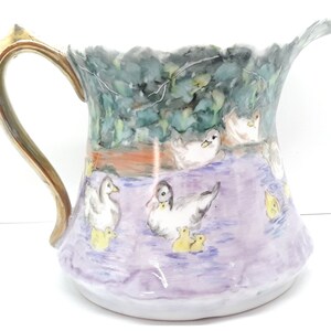 Vintage Hand Painted Duck Scene Large Porcelain Ewer / Pitcher 6 1/2&quot; X 6 1/2&#39;