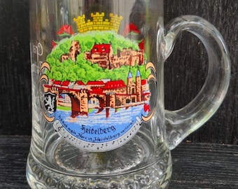 Heidelberg Souvenir Glass Beer Stein / Mug Etched Craig Hatcher 1986