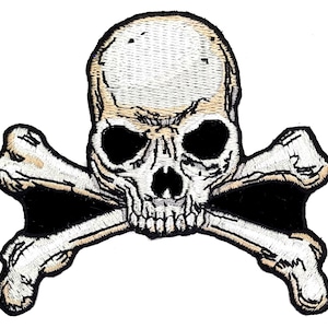 May include: A white skull and crossbones design with black accents. The skull has a detailed face with black eyes and a white background.