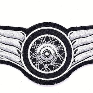 White Winged Wheel Iron On Sew On Embroidered Patch 5&quot;x 1 3/4&quot;