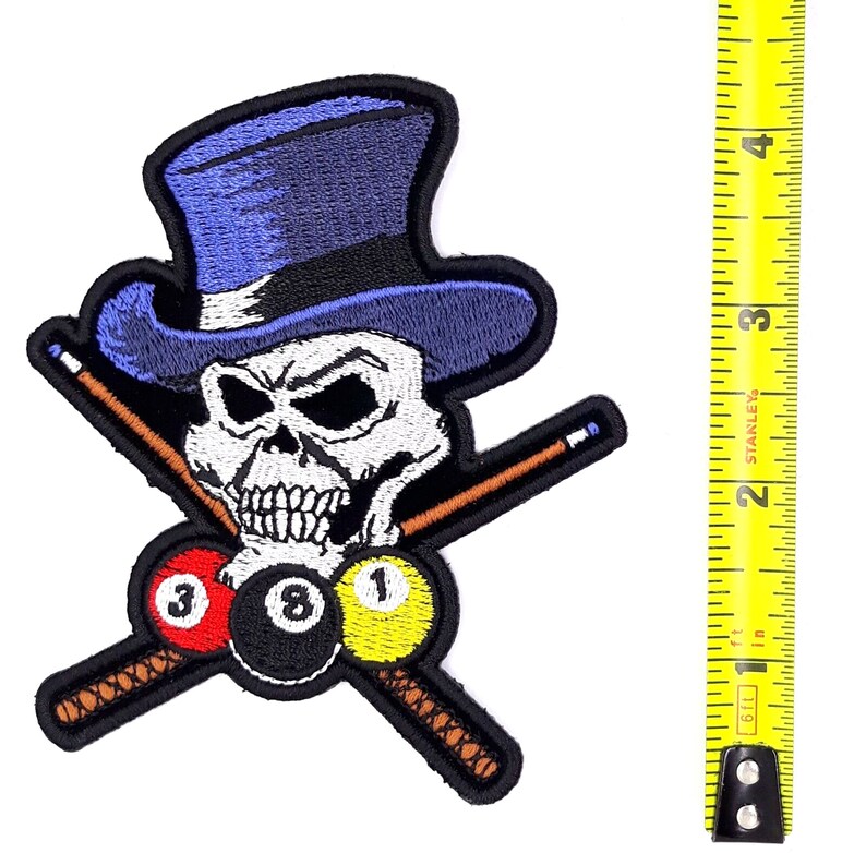 Pool Shark Skull With Top Hat Cues & Balls Iron on Sew on Patch 3.5