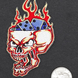 Gamblers Skull With Flaming Dice Sew-On Iron-On Embroidered Patch 2 1/4&quot; X 4&quot;