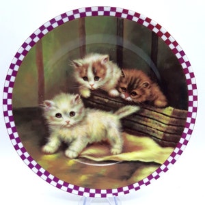 Trio Of Kittens  Decorative Plate 8&quot; Purple Checkered Border