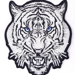 White Tiger With Blue Eyes Iron-On Embroidered Patch 3 3/8&quot;X 4&quot;