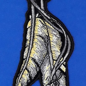 May include: Embroidered patch featuring two stylized feathers in shades of gray, yellow, and brown, with a black border. The feathers are connected by a gray, knotted design against a blue background.