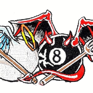 May include: An embroidered patch with a black and white 8-ball surrounded by a red devil with horns and wings and a white angel with wings. The devil holds a pitchfork and the angel holds a spear.