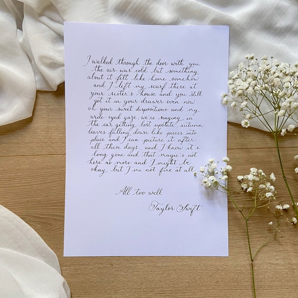 Texte calligraphié à la main, paroles de chanson, voeux de mariage ou texte sur mesure