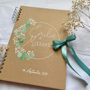 Livre d'or en kraft recyclé avec eucalyptus vert avec noeud de couleur pour mariage fait main (A4)