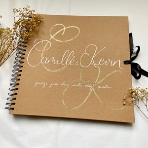 Personalized kraft guest book with first names for wedding with gold embossed initials