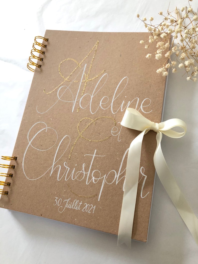 Custom Recycled Kraft Guest Book with Colored Bow and Gold Initials for Handmade Wedding A4 image 1