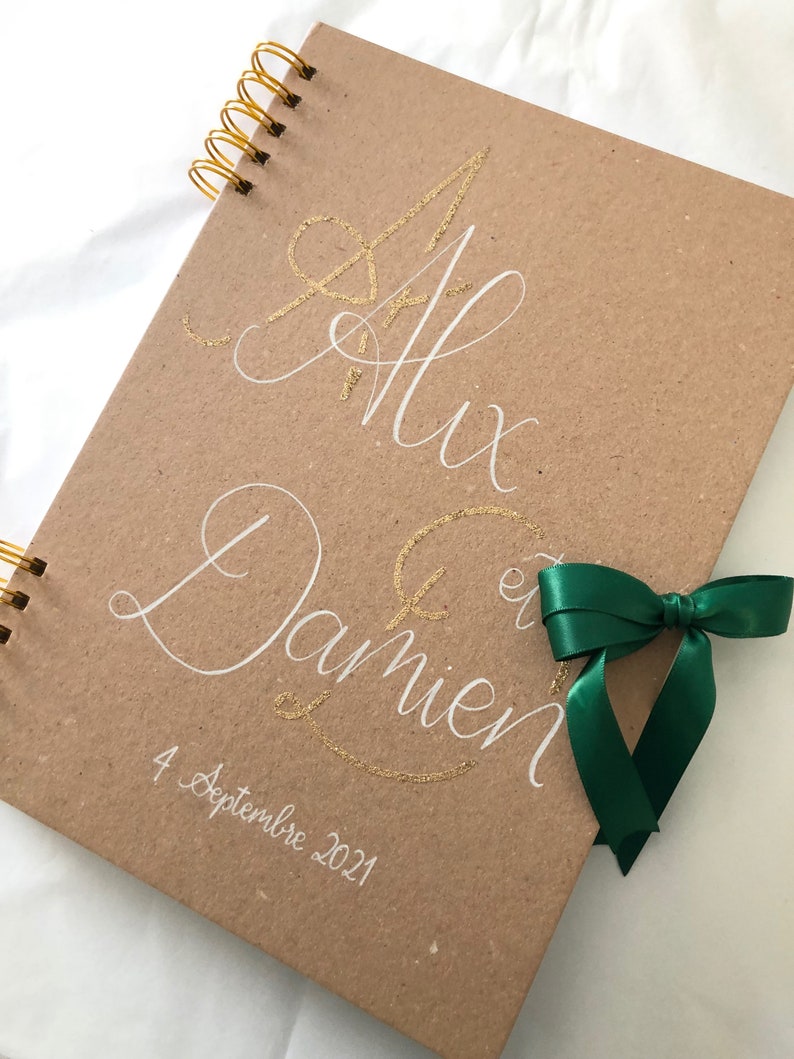 Custom Recycled Kraft Guest Book with Colored Bow and Gold Initials for Handmade Wedding A4 image 3