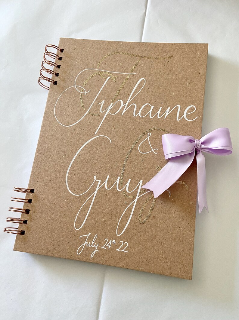 Custom Recycled Kraft Guest Book with Colored Bow and Gold Initials for Handmade Wedding A4 image 2