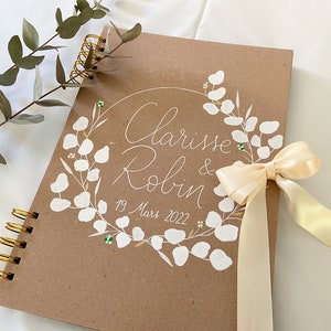 Livre d'or en kraft recyclé détails eucalyptus avec noeud de couleur pour mariage fait main (A4)