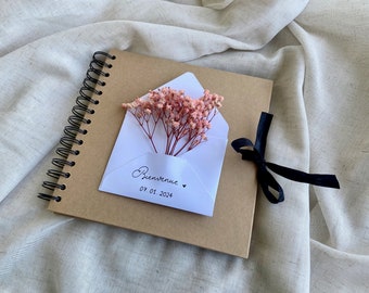 Livre d'or en kraft avec fleurs séchées, personnalisé pour mariage, naissance, cadeau, anniversaire