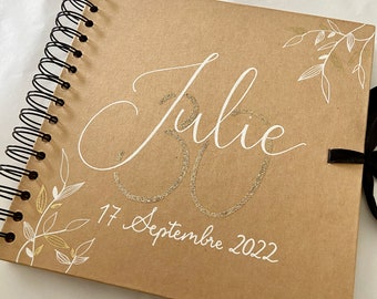 Personalized kraft birthday guest book with first name for birthday with golden age and floral decor