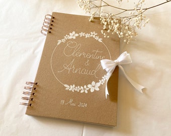Livre d'or en kraft recyclé détails floraux avec noeud de couleur pour mariage fait main (A4)