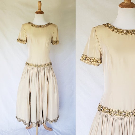 1950s Champagne Gold Beaded Dress
