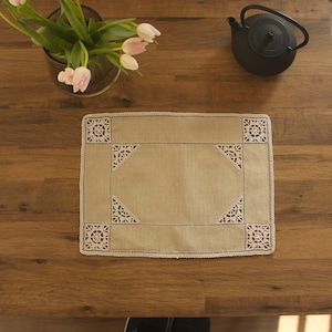 Lefkara Laces - Rectangular Table Cloth, Beige and White Detailed Design, Traditional Cypriot Lefkaritika Embroidery