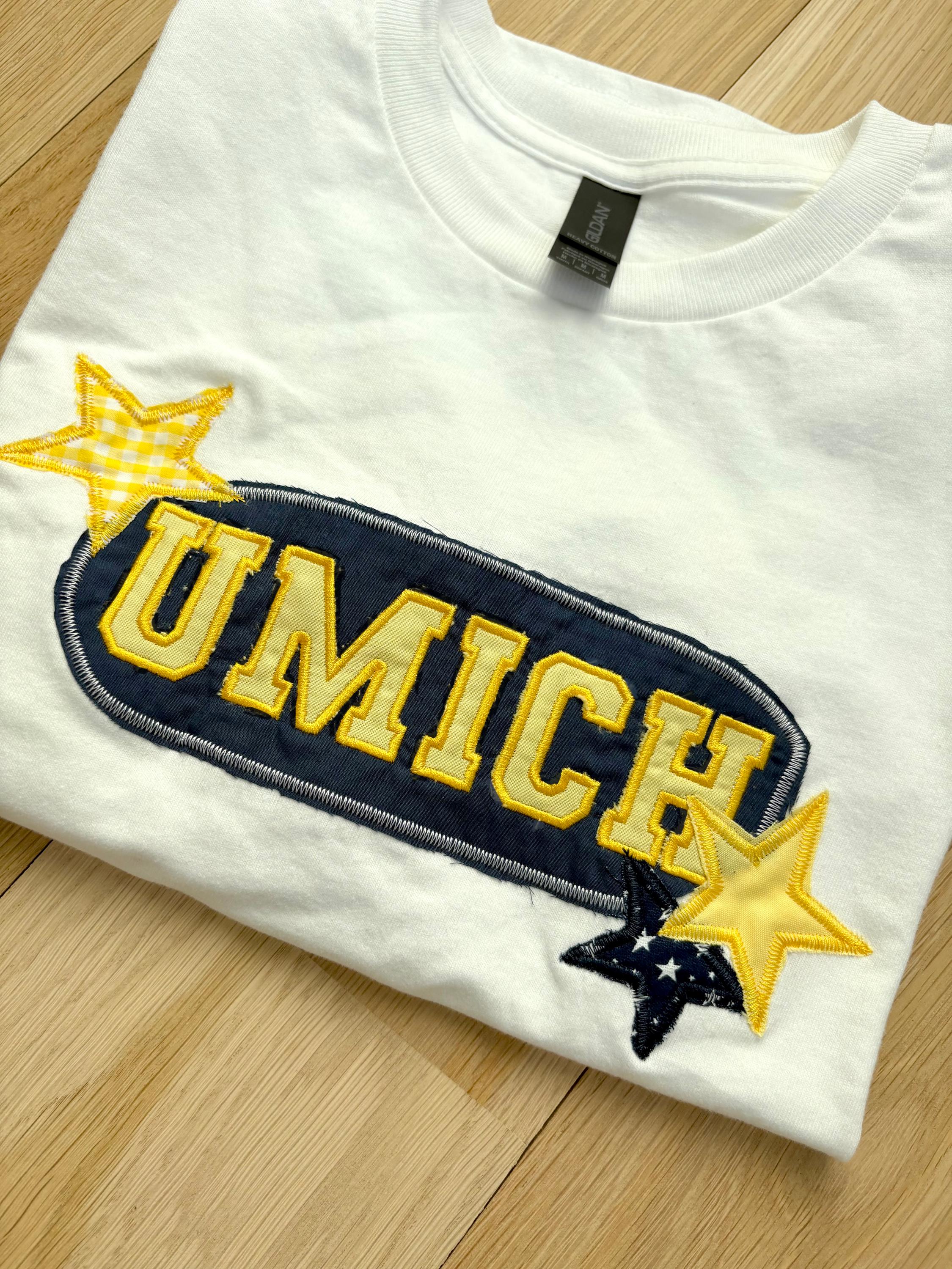Camiseta personalizada para porta-malas da UMICH College, patchwork bordado, produtos universitários