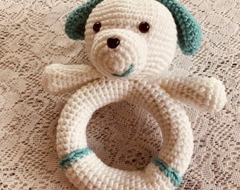 Crochet Puppy Baby Ring Pattern. Digital pdf file in English with US terms.