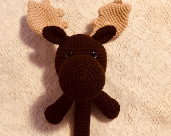 Crochet Moose Baby Rattle Pattern. Digital pdf file in English with US terms.