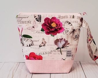 Peonies and Butterfly's Spring bag so charming! Small zippered bag for knitters and crocheters