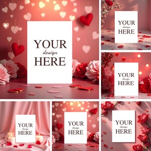 May include: Six mockups of blank white cards with the text "YOUR design HERE" on a pink background with hearts, flowers, and lights.