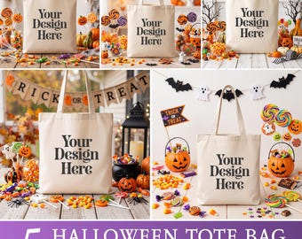 5 Halloween Tote Bag Mockups Bundle | Trick or Treat Candy Tote Mockup | Cute Spooky Canvas Bag | Kids Halloween POD Mockups JPG