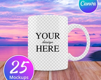 May include: White ceramic mug with a transparent design area that says "YOUR design HERE". The mug is sitting on a wooden surface with a pink and purple sunset in the background. The image also includes a pink and purple circle with the text "25 Mockups".