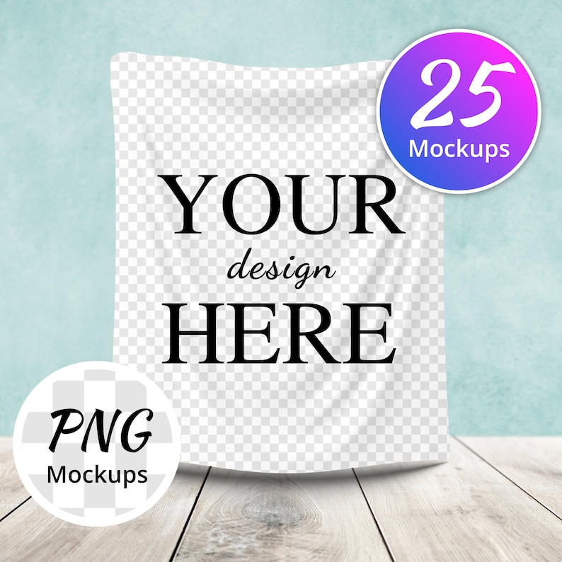 Puede incluir: Maqueta de una tela blanca con el texto "YOUR design HERE" en ella. La tela est&aacute; drapeada sobre una superficie de madera. Hay dos c&iacute;rculos en la imagen, uno con el texto "PNG Mockups" y el otro con el texto "25 Mockups".