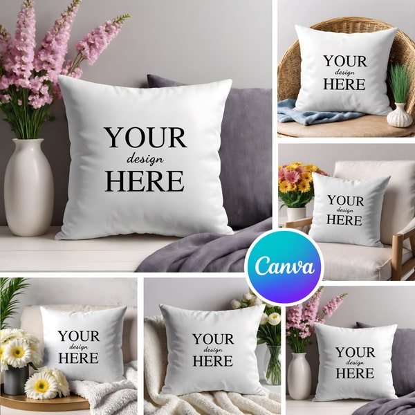 Pillow Mockup Bundle, White Throw Pillow Mockup Edit in Canva, Photoshop, 5 Mock up Bundle, Minimal Mockups, Modern Mockups