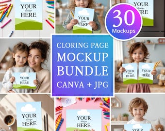 Pode incluir: Um pacote de marketing digital com 30 maquetes para páginas de colorir, exibindo várias cenas de crianças segurando ou exibindo modelos de papel em branco com um gráfico de céu azul, nuvem branca, colina verde e o texto YOUR design HERE.