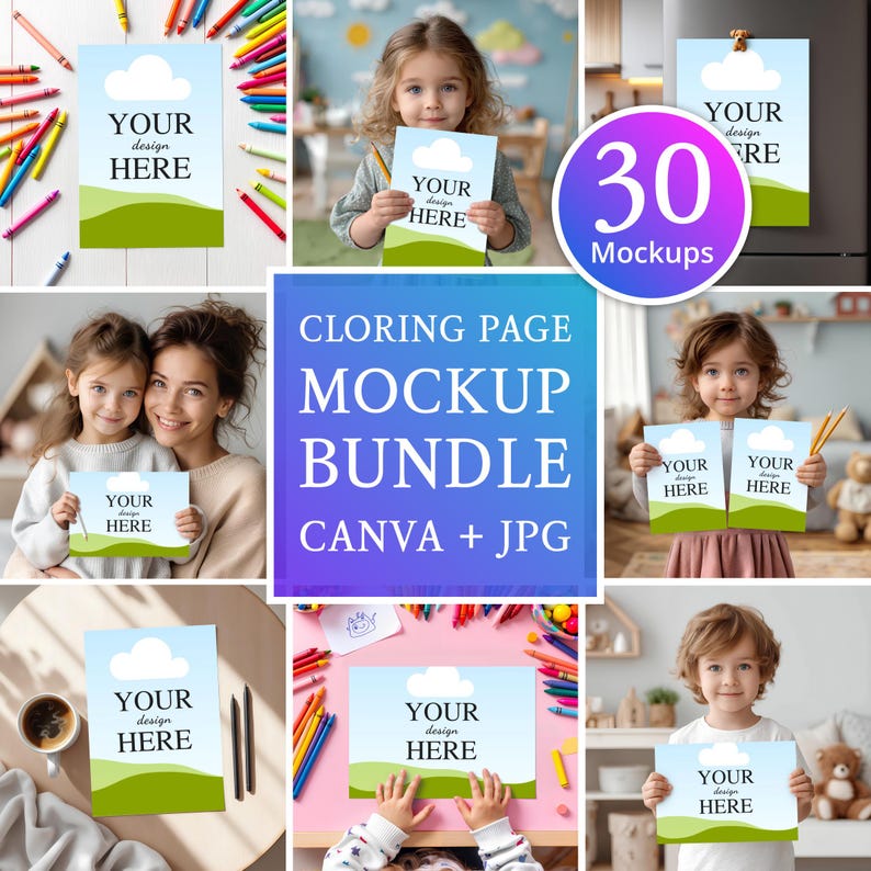 May include: A digital marketing bundle featuring 30 mockups for colouring pages, showcasing various scenes of children holding or displaying blank paper templates with a blue sky, white cloud, and green hill graphic and the text YOUR design HERE.