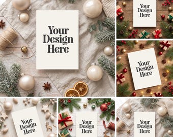 5 Christmas Card Mockups Bundle | 5x7 Invitation Mockup | Holiday Greeting Card Mockup | Christmas Stationery Flat Lay | JPG Mockups