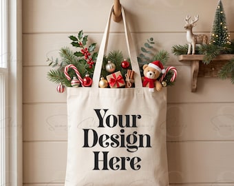 Christmas Tote Bag Mockup | Natural Canvas Tote Mockup | Cozy Holiday Gift Bag | Teddy Bear Xmas Mockup | Festive POD Mockup JPG