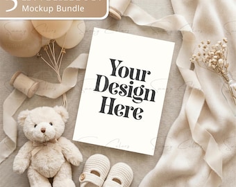 5 Boho Baby Shower Invitation Mockup Bundle | 5x7 Baby Shower Mockups | Neutral Baby Invitation Mockup | Rustic Stationery Mockup | 5 JPG