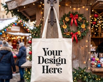 Christmas Tote Bag Mockup | Natural Canvas Tote Mockup | Christmas Market Bag | Winter Holiday Tote | Festive Xmas POD Mockup JPG