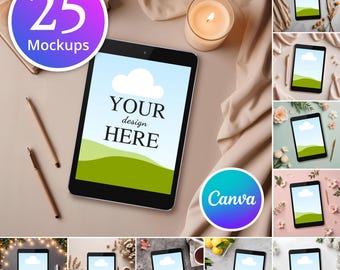 May include: A tablet with a screen displaying "YOUR design HERE" is surrounded by other tablets, pens, a candle, and a "25 Mockups" graphic. The image has a soft, neutral color palette, with a "Canva" graphic in the corner.