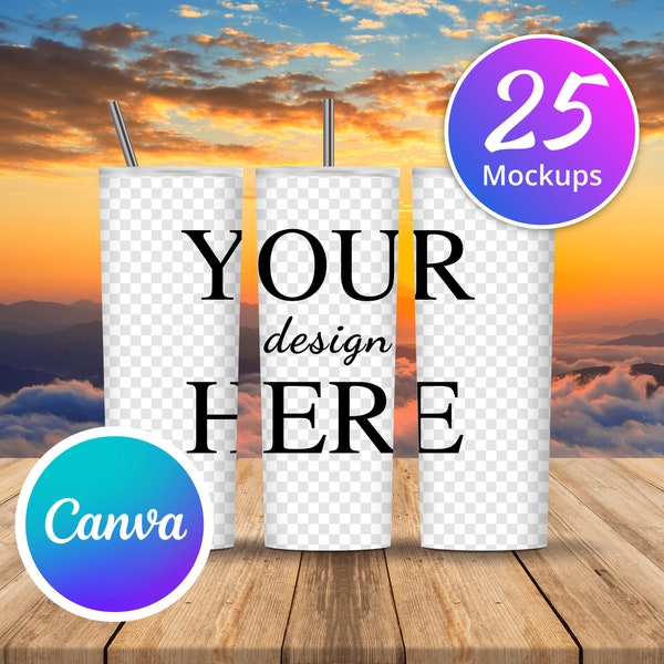 PNG Tumbler Mockup Bundle, Transparent Background Mock Up, Edit in Canva, for tapered tumblers, Steel Tumbler Mockup, Full Wrap View Mockup